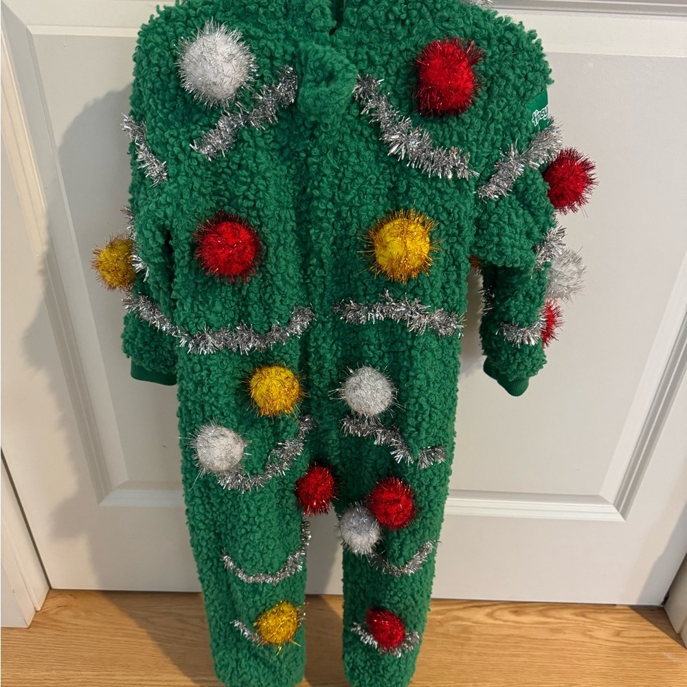 Tipsy Elves Green Kids One Piece Christmas tree with Colorful Pom Poms
